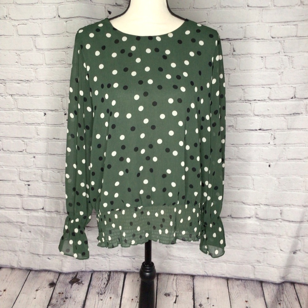 Adrianna Papell Deep Green Bouncing Dot Cuffed Bell Sleeve Blouse Large NWT